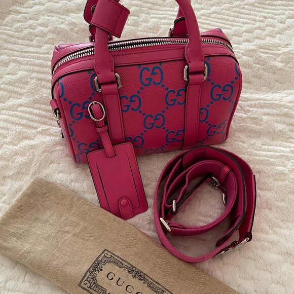 GUCCI Duffle Bag GG Embossed Perforated Leather Mini Pink - Picture 1 of 4